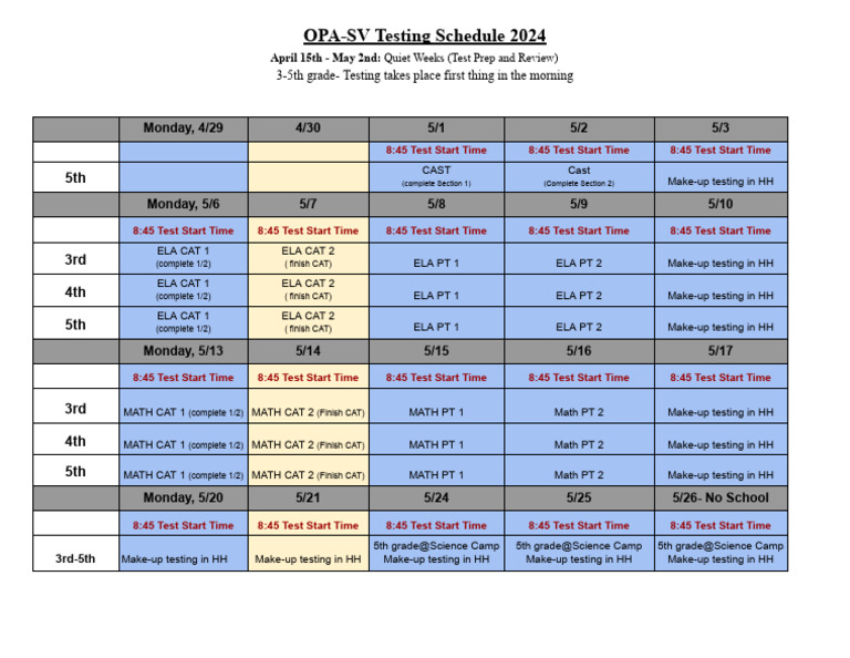 OPA-SV 2024 CAASPP Testing Schedule | PDF