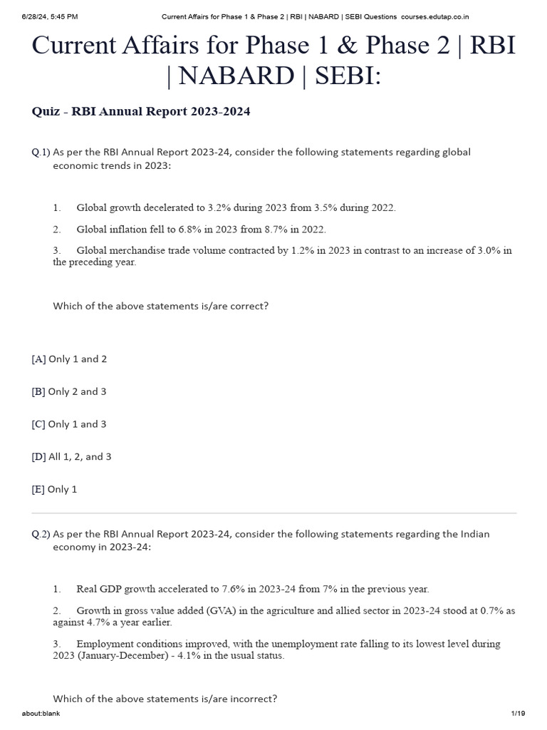 Quiz RBI Annual Report 2023 2024 Lyst1719576949526 | PDF | Reserve Bank ...