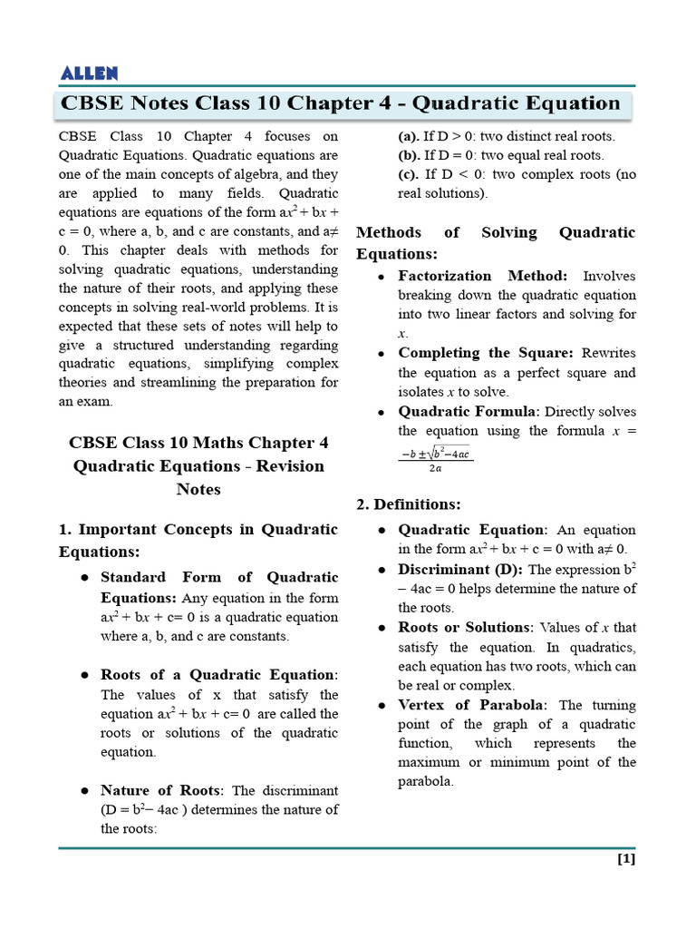 CBSE+Notes+Class+10+Chapter+4+-+Quadratic+Equation.docx | PDF ...