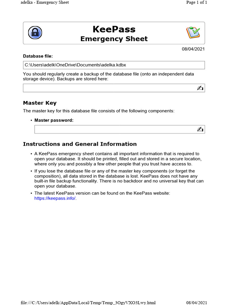 KeePass Emergency Sheet Instructions | PDF