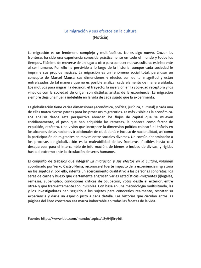 Efectos de la Migración en la Cultura | PDF | Migración humana ...