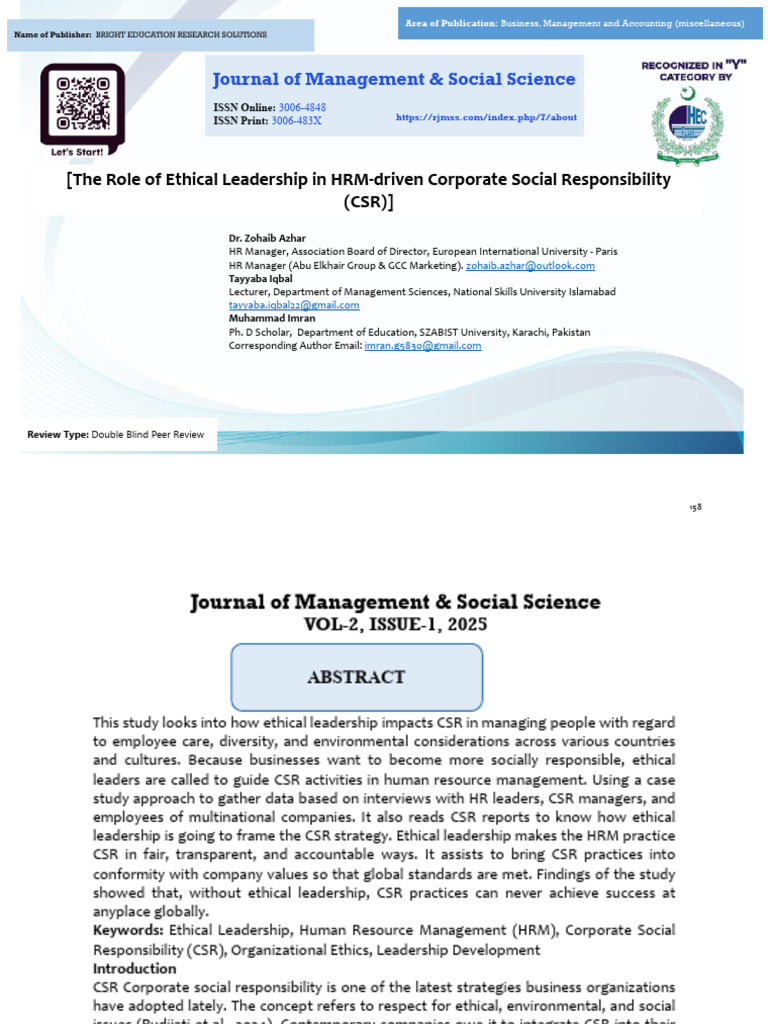 Ethical Leadership's Impact on CSR in HRM | PDF | Corporate Social ...