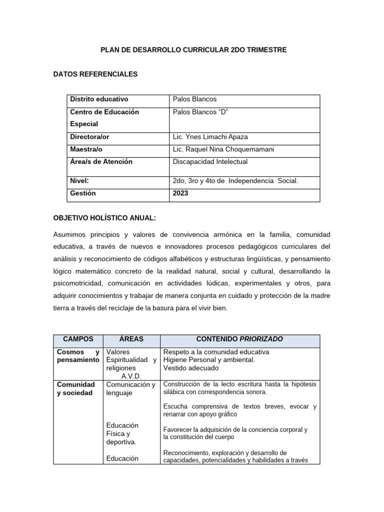 Plan Curricular 2do Trimestre Educación Especial | PDF