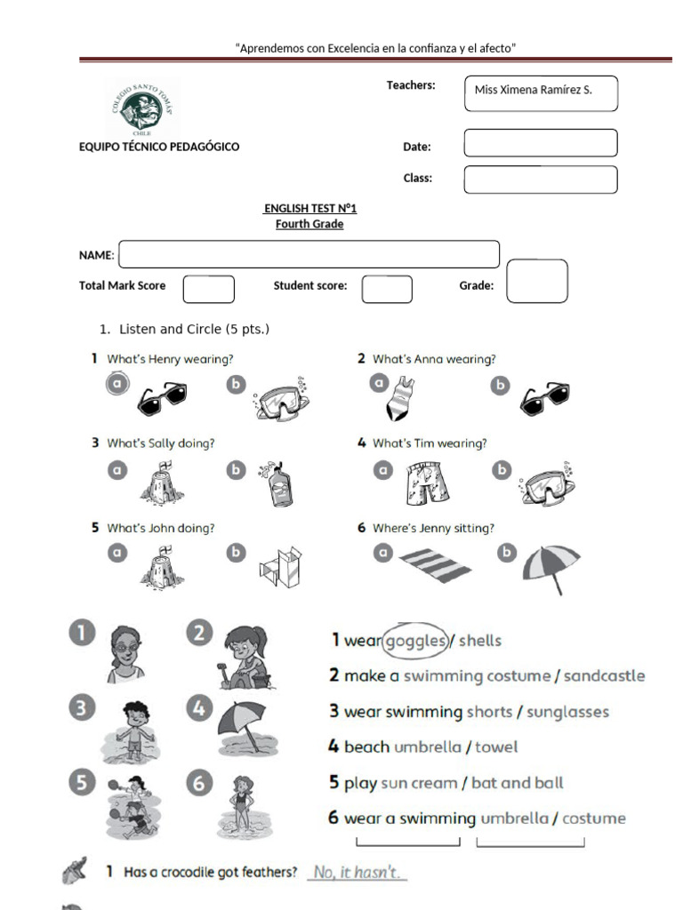 Fourth Grade English Test Template | PDF