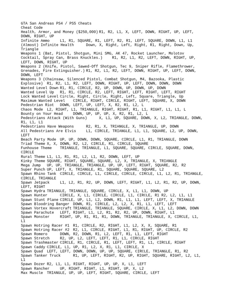 GTA San Andreas PS4/PS5 Cheat Codes | PDF | Ballistics | Projectile Weapons