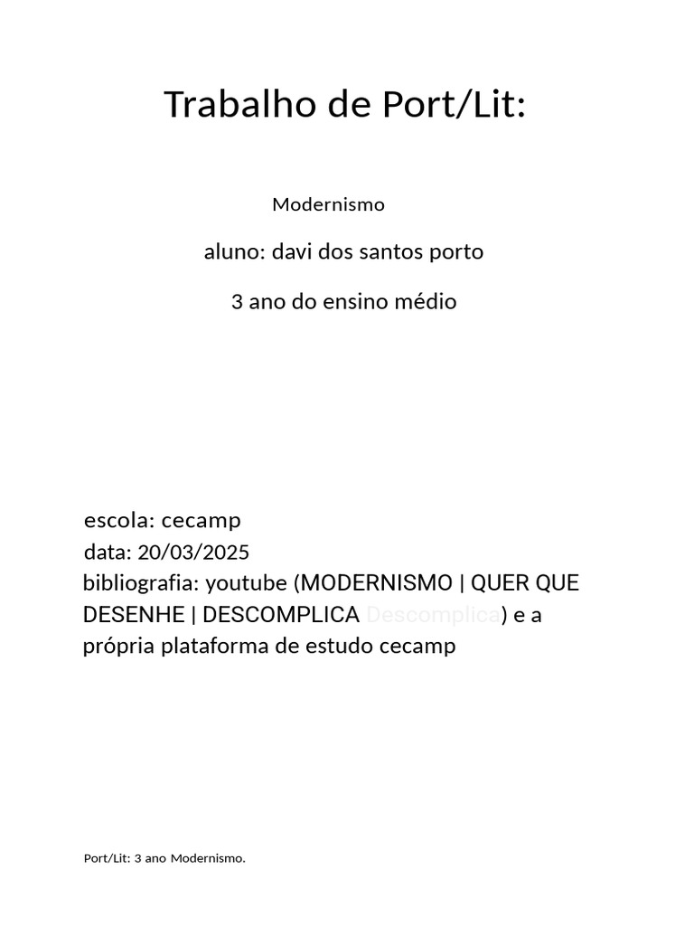 Modernismo: Movimento Cultural e Artístico | PDF
