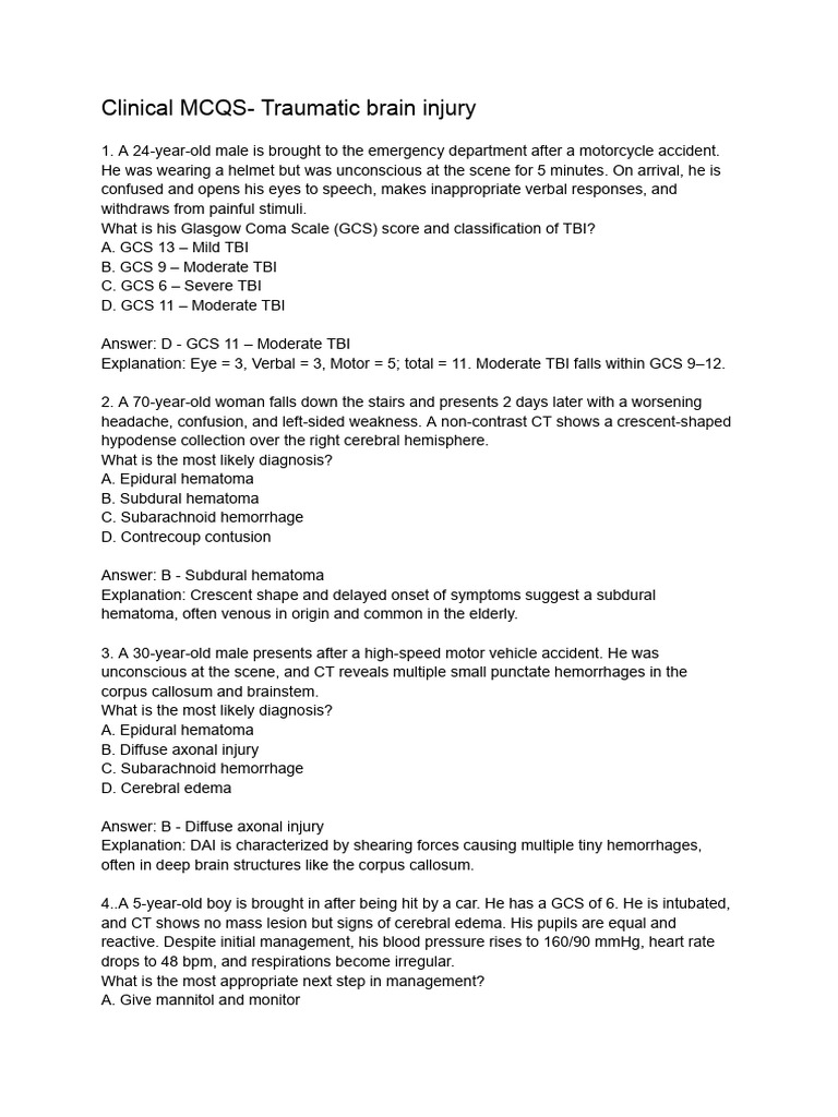 Clinical MCQs on Traumatic Brain Injury | PDF | Traumatic Brain Injury ...