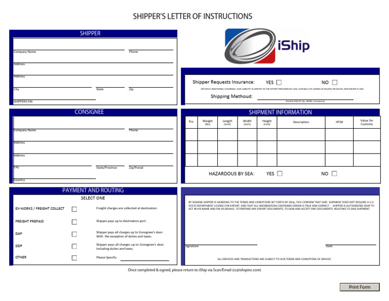 Shipper's Letter of Instructions Form | PDF | Cargo | Freight Transport