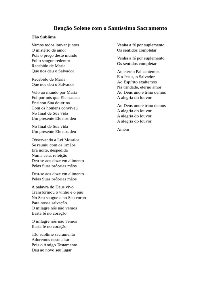Benção Solene Do Santíssimo Sacramento Pdf Eucaristia Maria Mãe