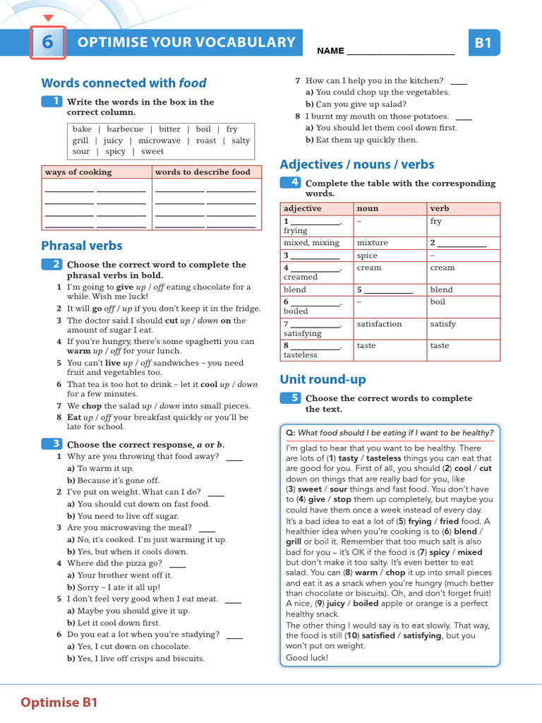 OPT B1 U06 Vocab Standard | PDF | Taste | Fast Food