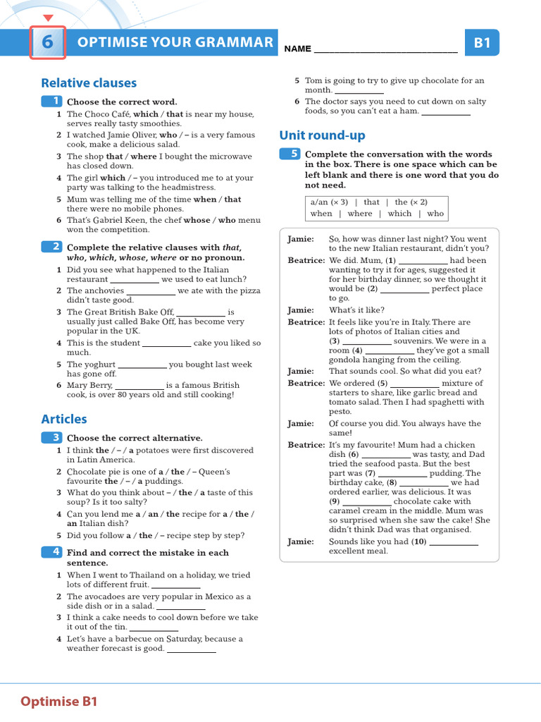 OPT B1 U06 Grammar Standard | PDF | Foods | Cuisine