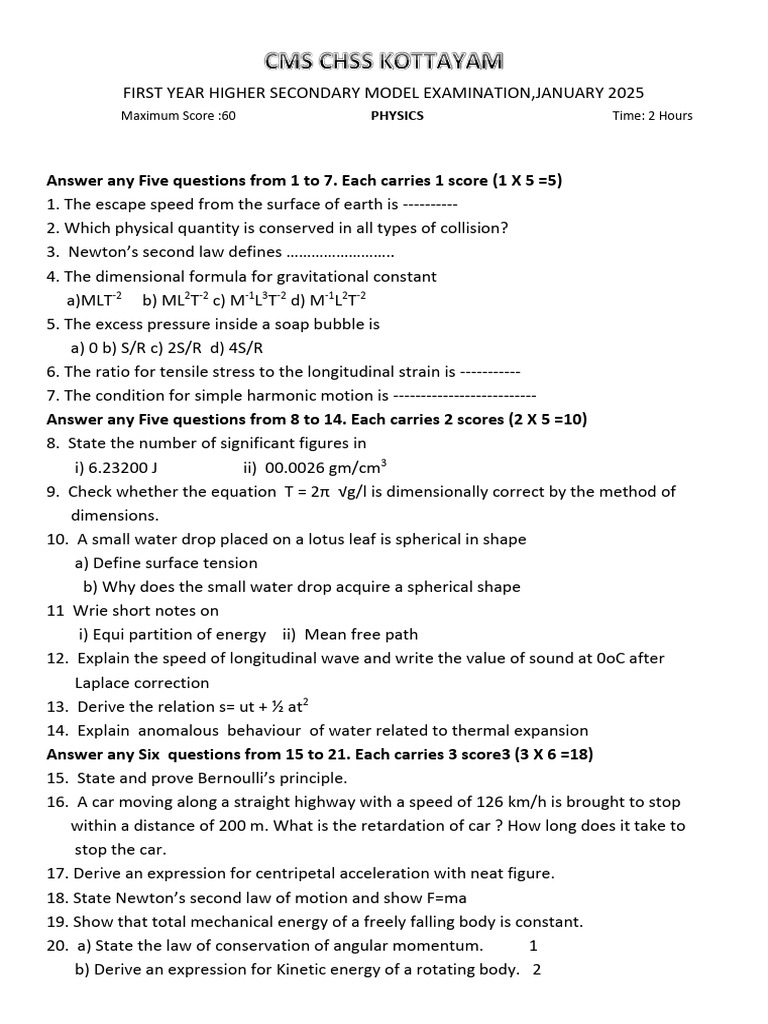 Physics Model Exam January 2025 | PDF | Acceleration | Newton's Laws Of ...