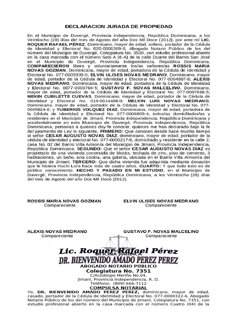 COMPULSA NOTARIAL DECLARACION JURADA DE PROPIEDAD Juan Cornelio Baez ...
