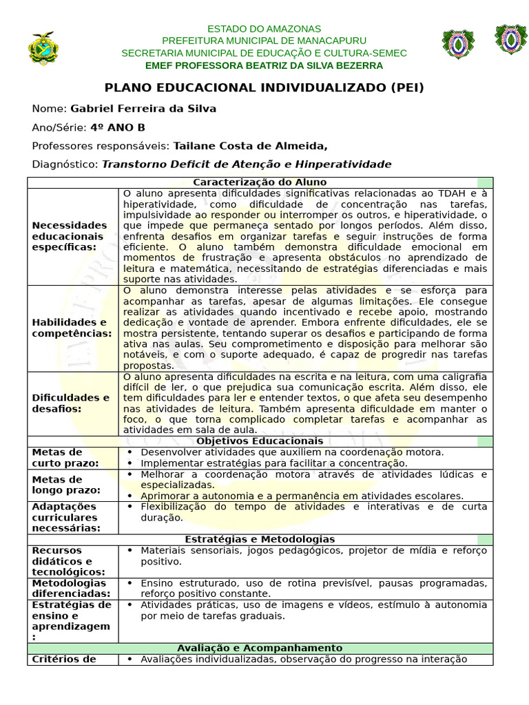 PEI para Aluno com TDAH | PDF | Transtorno de déficit de atenção e ...