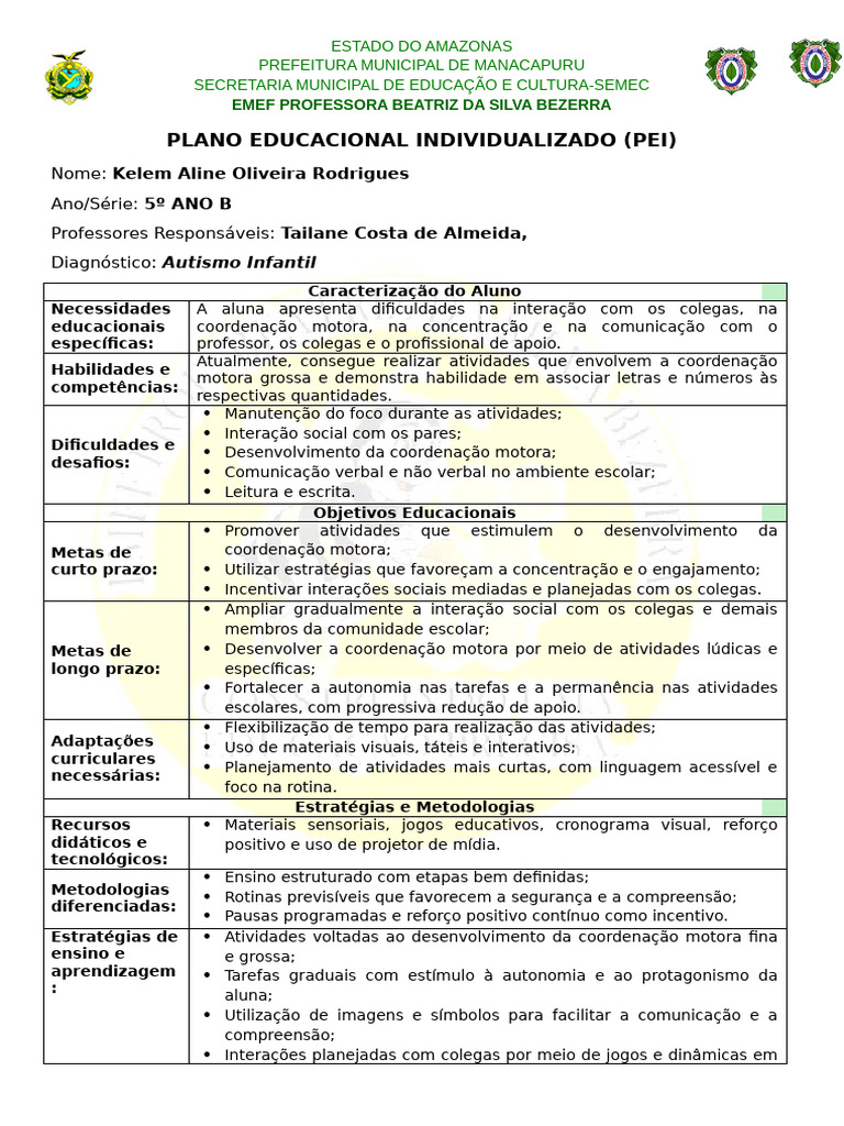 Plano Educacional Individualizado para Aluna com Autismo | PDF ...