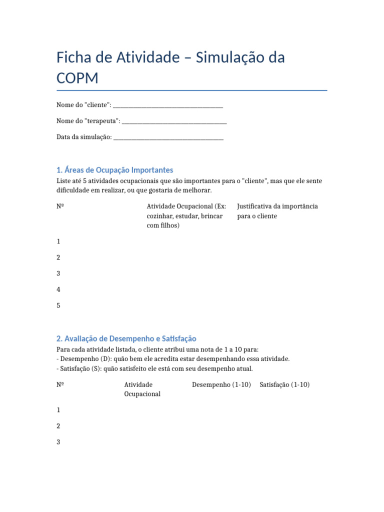 Simulação da COPM em Terapia Ocupacional | PDF