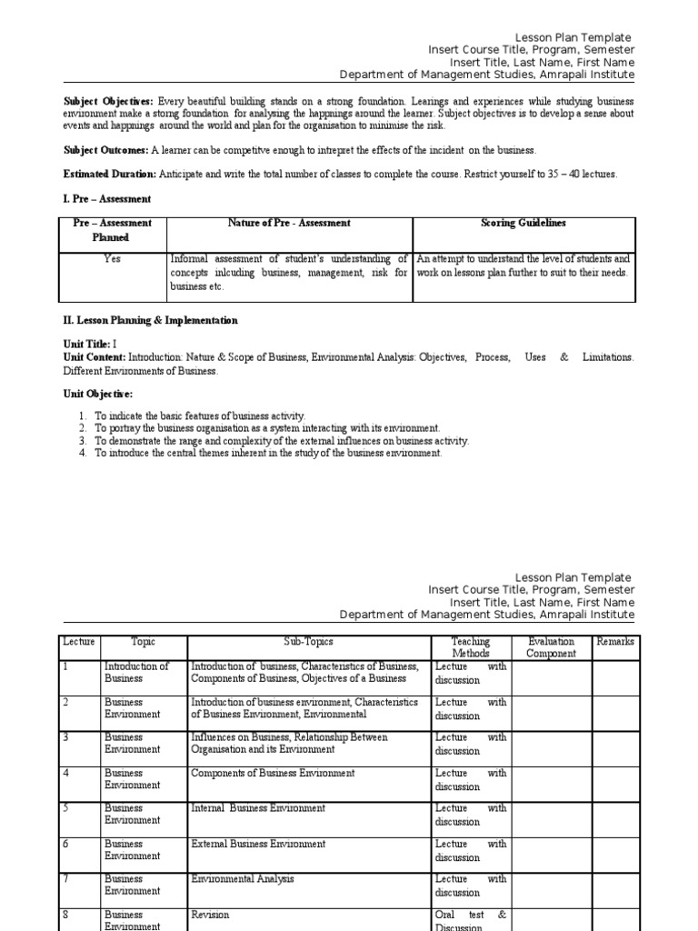 Lesson Plan Business Environment | Lecture | Lesson Plan