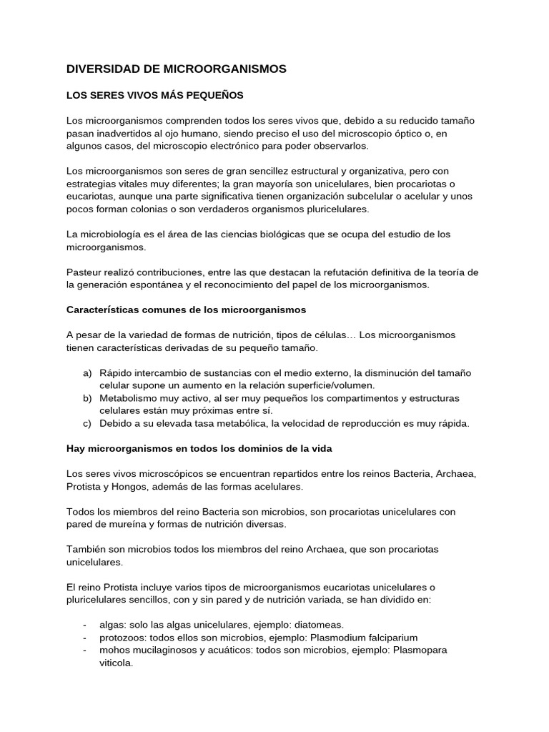 Diversidad y características de microorganismos | PDF | Microorganismo ...