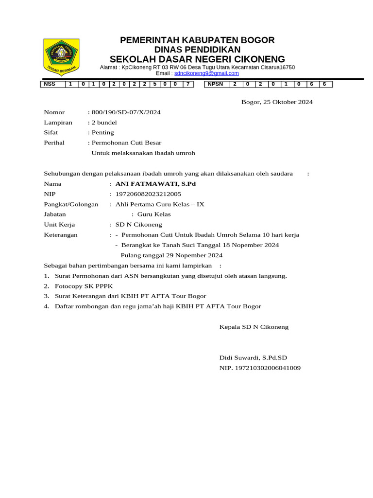 Surat Izin Umroh Ke Disdik 1 | PDF