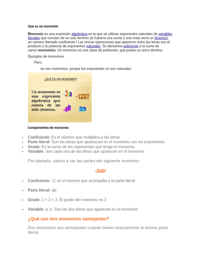 Que Es Un Monomio | PDF | Polinomio | Álgebra