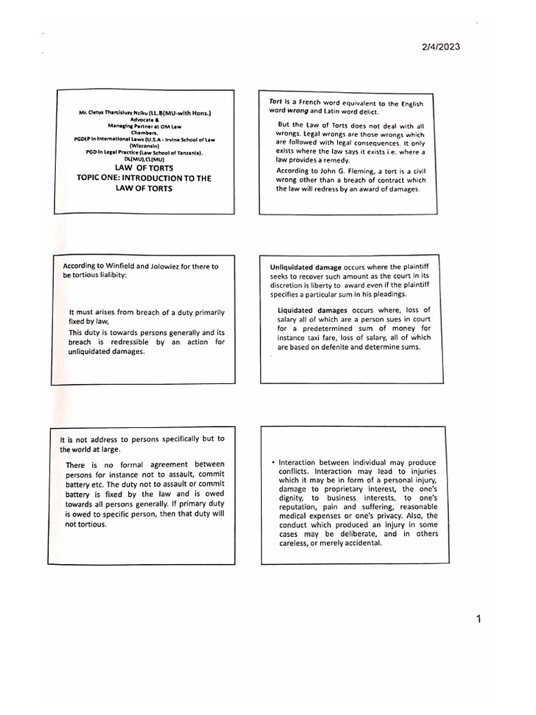 Law of Tort Notes | PDF