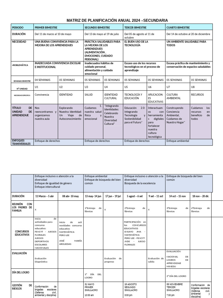Planificación Anual 2024 Secundaria | PDF | Aprendizaje | Salón de clases