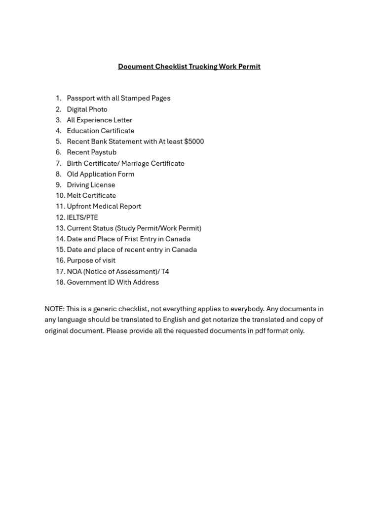Trucking Work Permit Document Checklist | PDF
