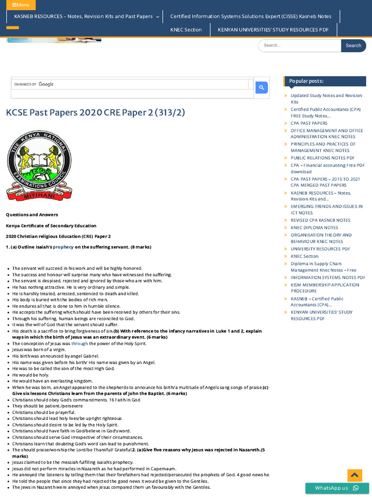 KCSE 2020 CRE Paper 2 Q&A Guide | PDF | Jesus | Marriage