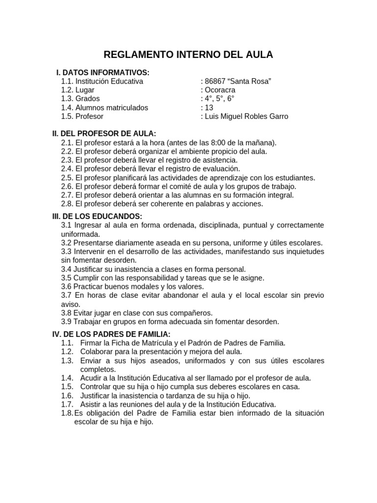 Reglamento Interno del Aula 2019 | PDF | Maestros | Salón de clases