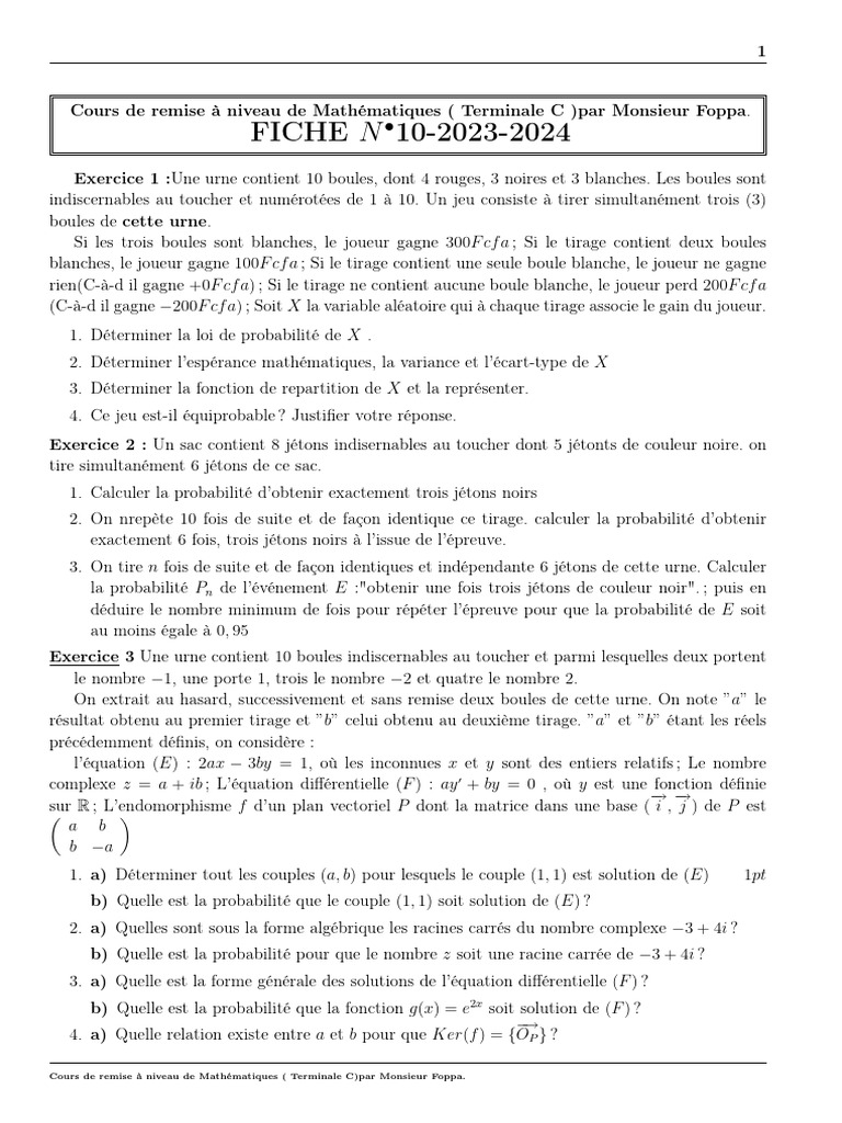 Cours de Maths Terminale C : Exercices et Probabilités | PDF ...