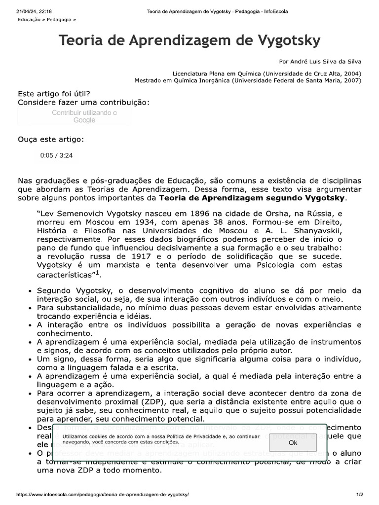 Teoria de Aprendizagem de Vygosky | PDF