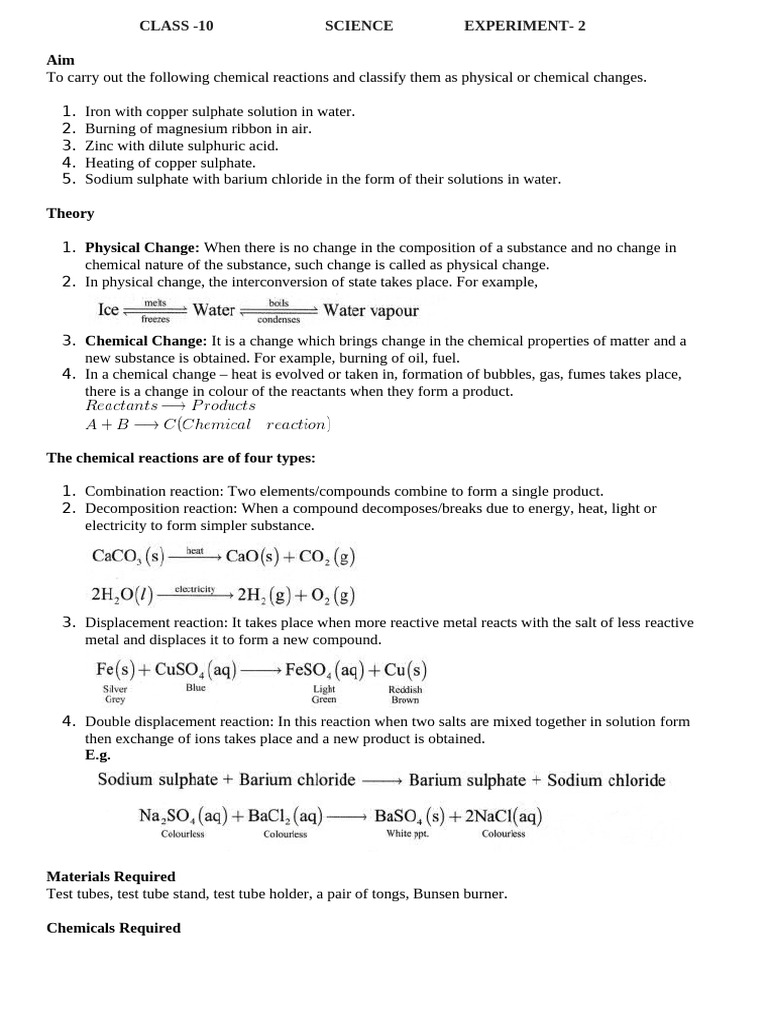 Class 10 Chemical Change Experiments | PDF | Chemical Reactions ...