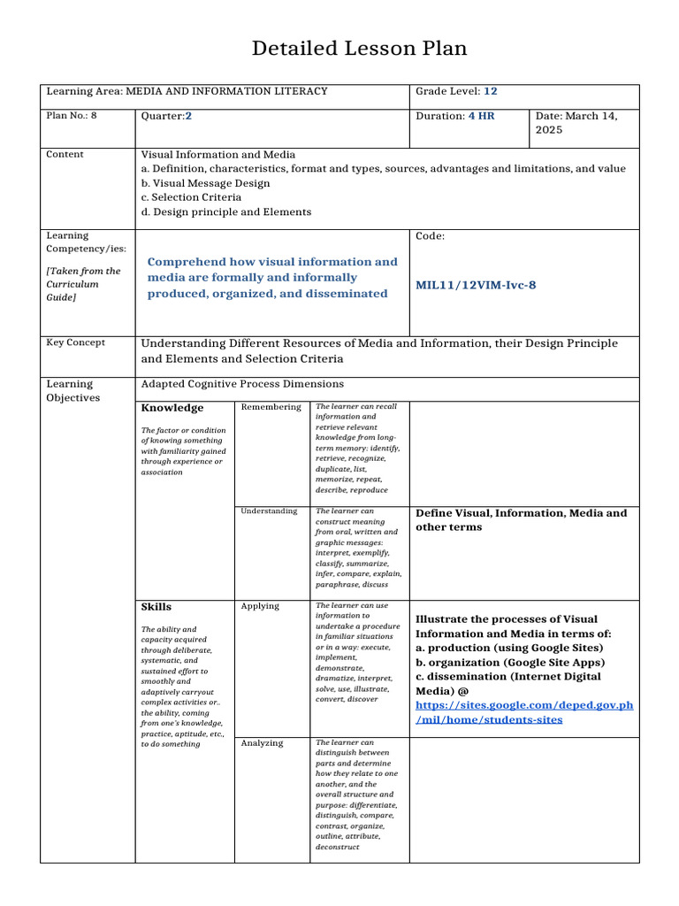 Detailed Lesson Plan Lesson 8 | PDF | Learning | Information