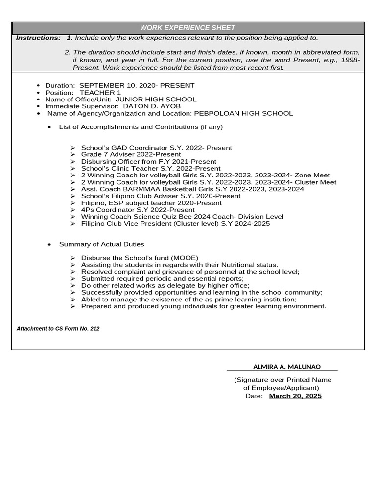 Teacher Work Experience Summary | PDF