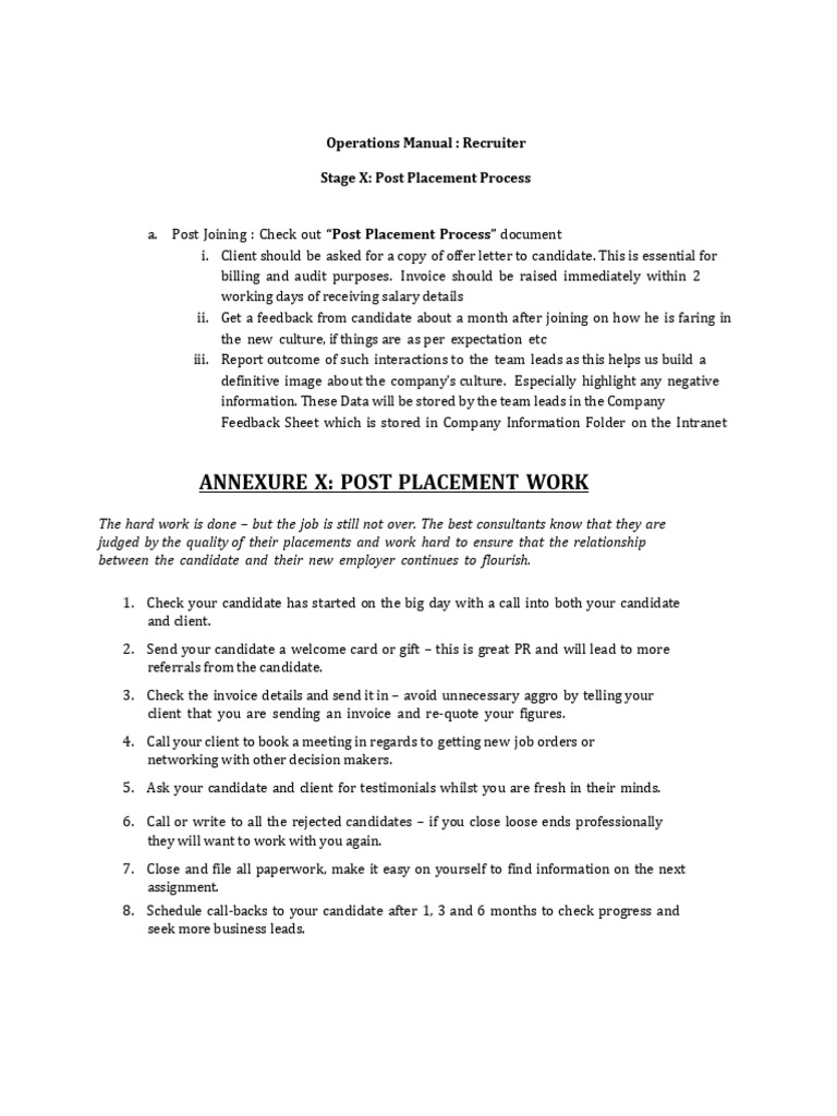 Post Placement Process for Recruiters | PDF