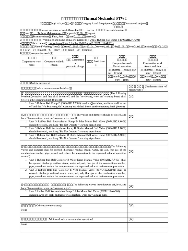 TB PTW 1 - Inspection of Unit 3 Rubber Ball Pump B (30PAH12AP001) | PDF