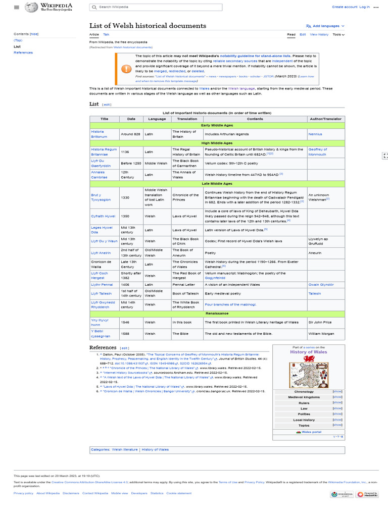 List of Welsh Historical Documents - Wikipedia | PDF | Wales | Welsh ...