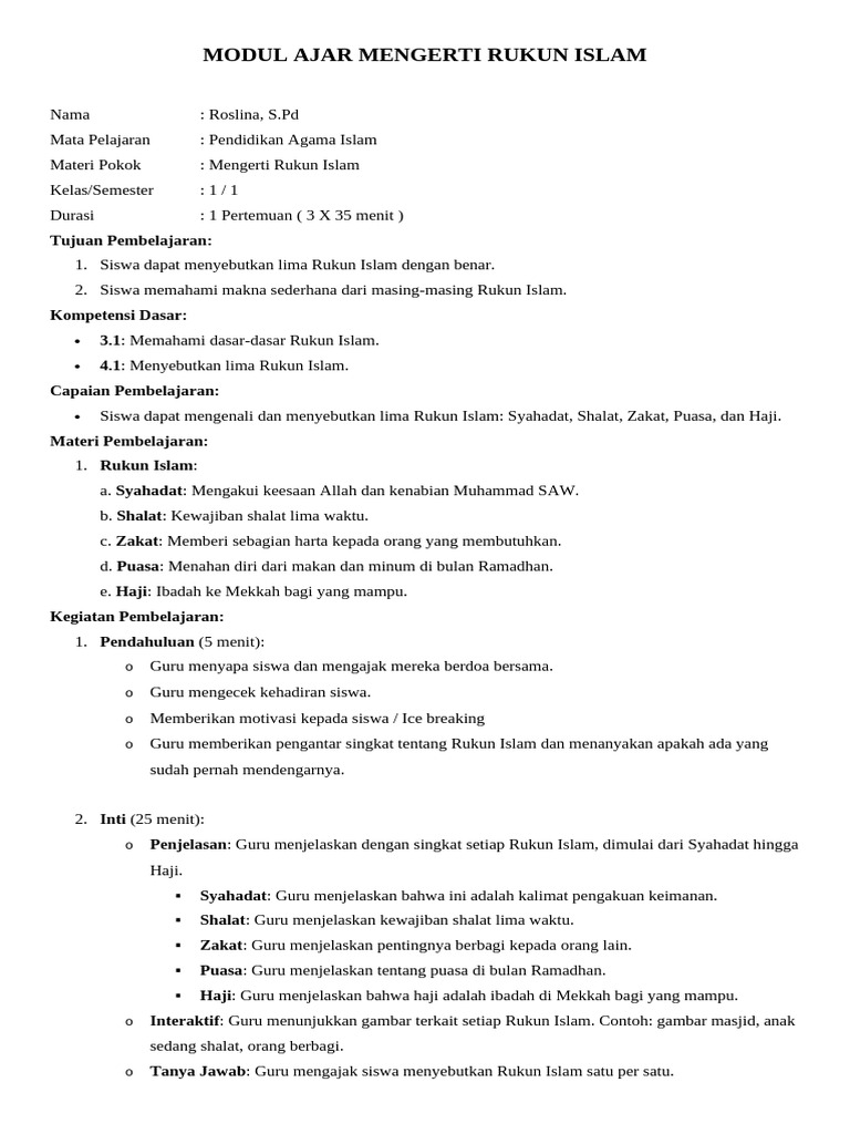 Modul Rukun Islam Kelas 1 SD | PDF