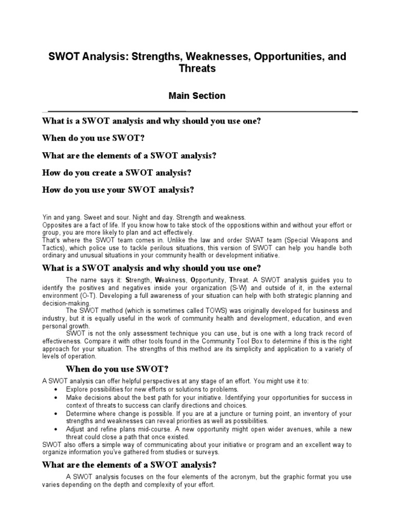 Understanding SWOT Analysis Elements | PDF | Swot Analysis | Strategic ...