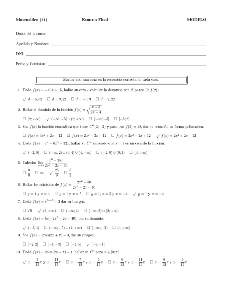 Examen Final de Matemáticas: Funciones y Límites | PDF | Raíz cuadrada ...
