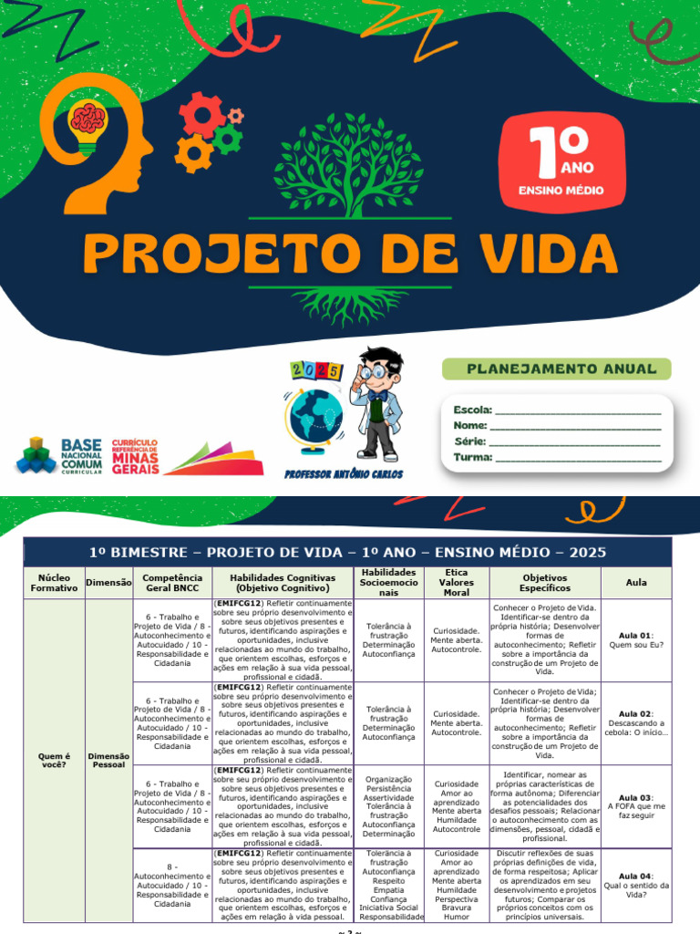 Planejamento Anual - 1º Ano - Projeto de Vida - Ensino Médio - 2025 ...