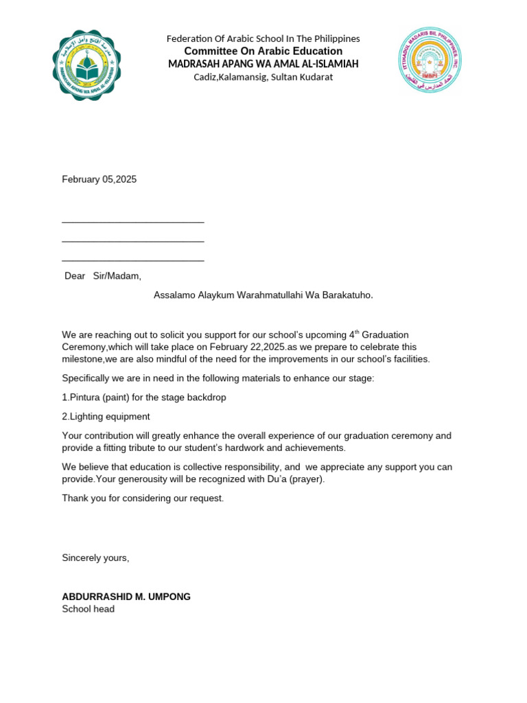 Support Needed for Graduation Ceremony | PDF