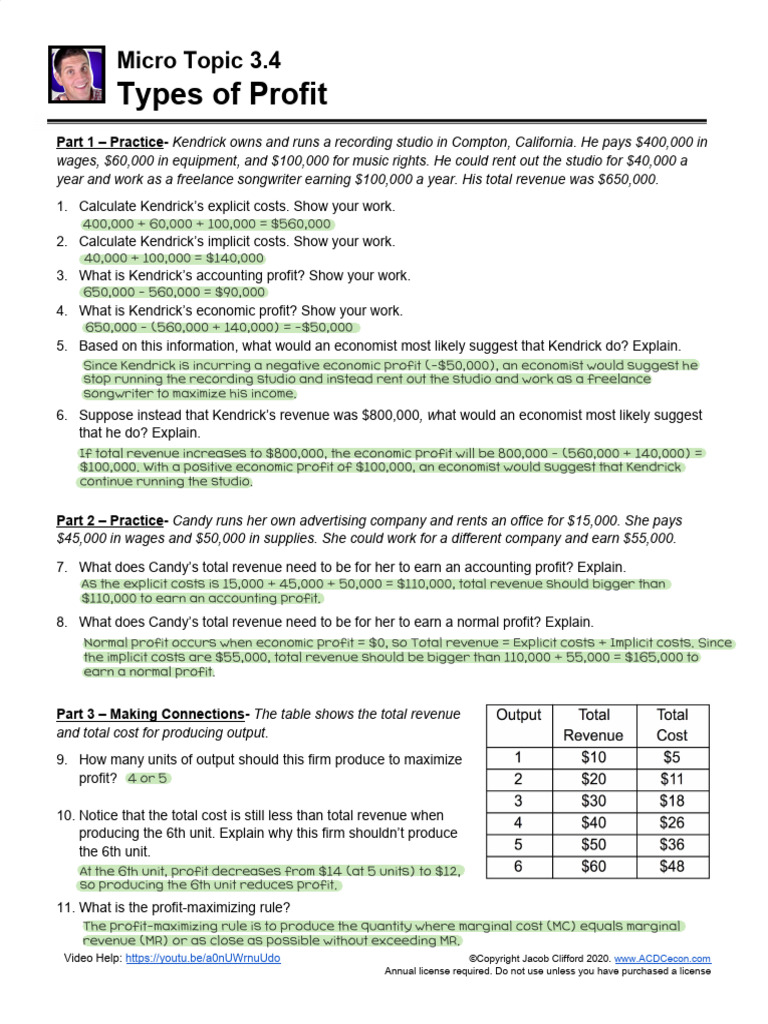 Micro Topic 3.4 - Types of Profit WS | PDF | Profit (Economics) | Economies