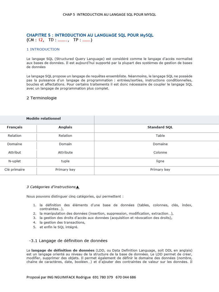 Introduction au langage SQL pour MySQL | PDF | SQL | MySQL