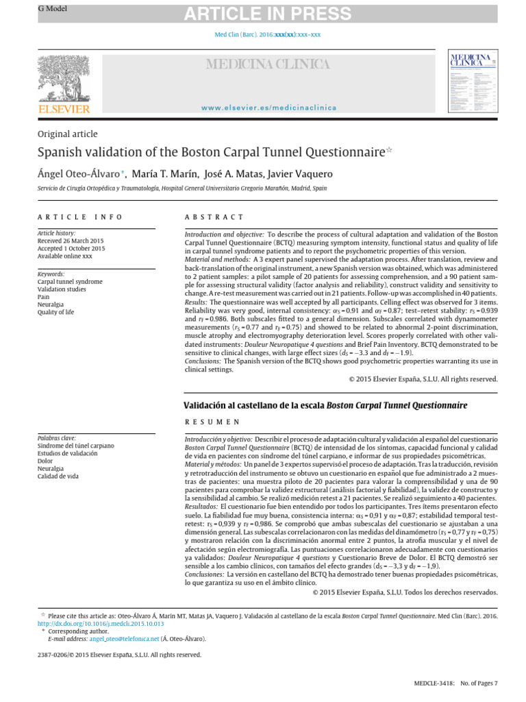 Spanish Validation of BCTQ for CTS | PDF | Validity (Statistics)