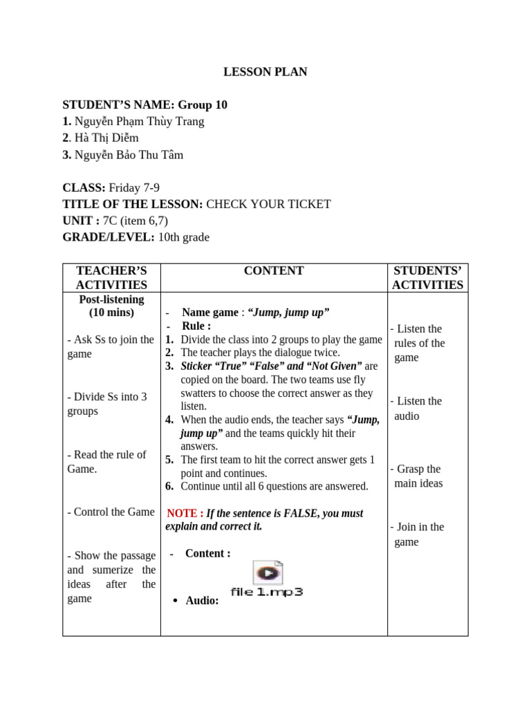 LESSON PLAN 7C_Post-Listening_ group 10 | PDF