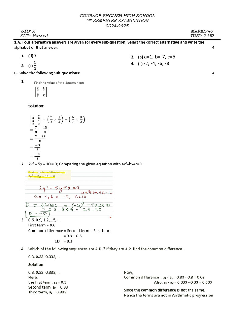 Maths-I Exam Paper for Std X | PDF | Arithmetic | Elementary Mathematics