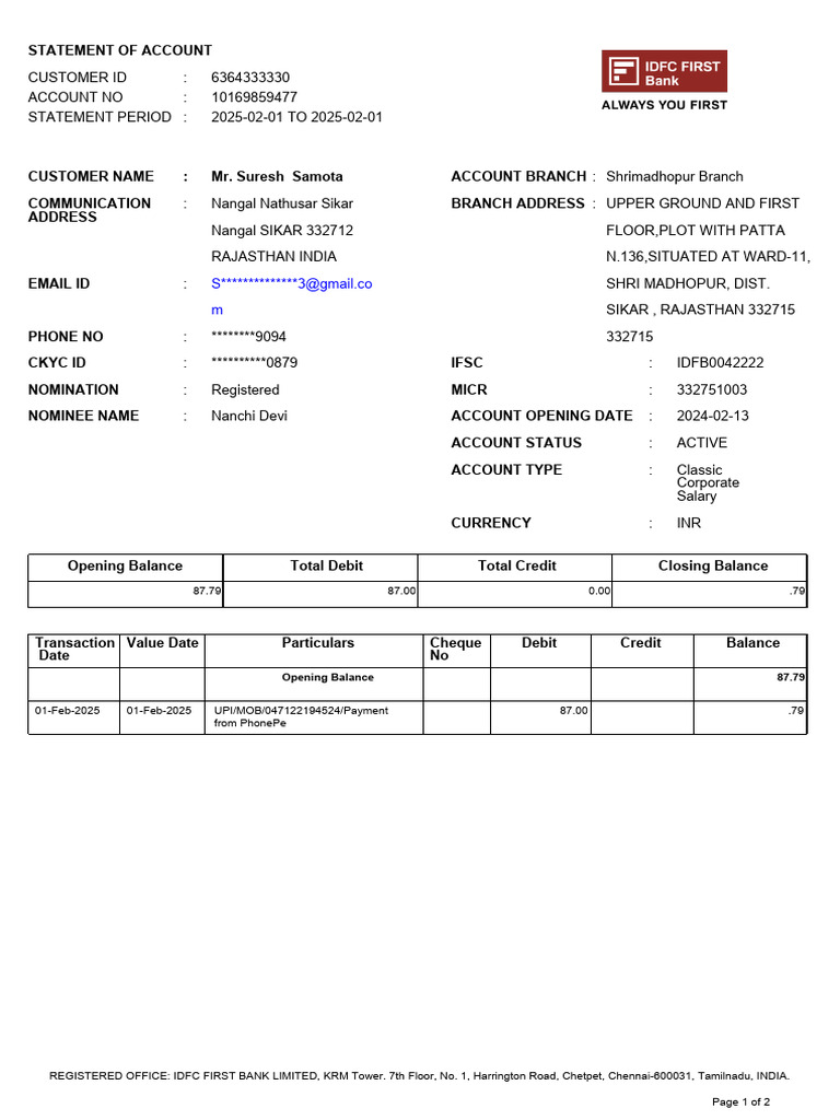 IDFCFIRSTBankstatement 10169859477 | PDF | Debit Card | Banks