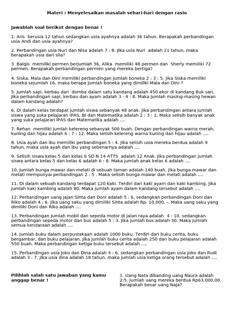 Contoh Soal Rasio dan Perbandingan | PDF
