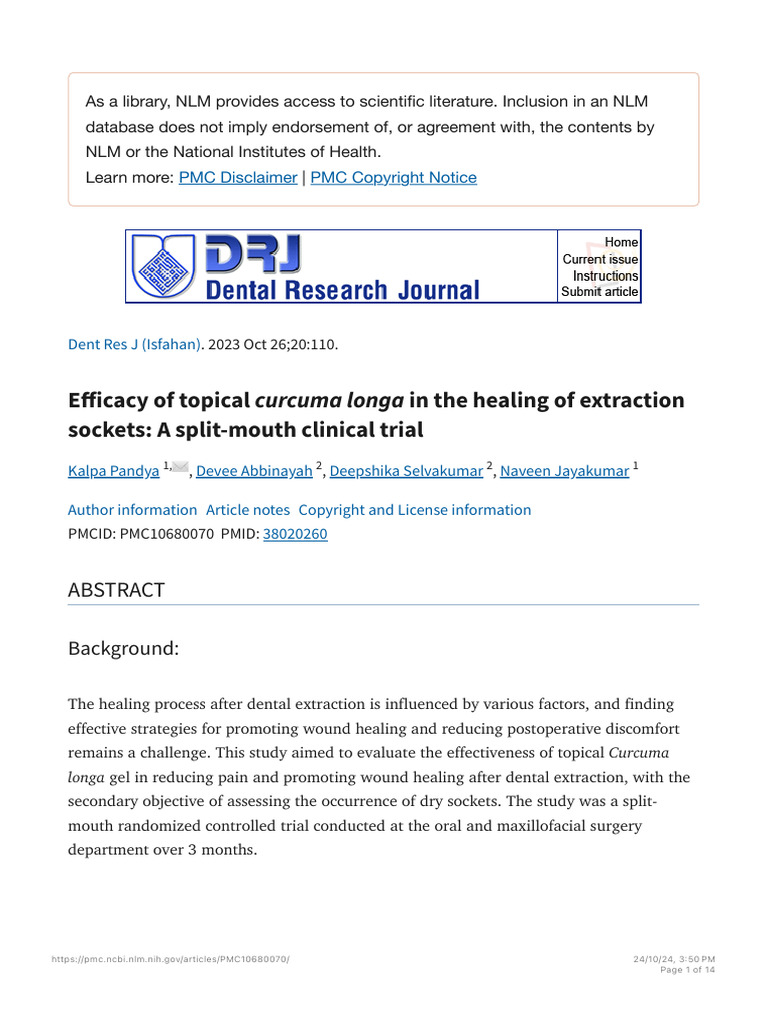 Efficacy of Topical Curcuma Longa in The Healing of Extraction Sockets ...